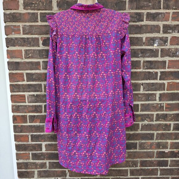 Roller Rabbit Size M Magenta Pink Blue Ruffled Sleeve Shirt Dress Augusta Darya - Picture 2 of 6